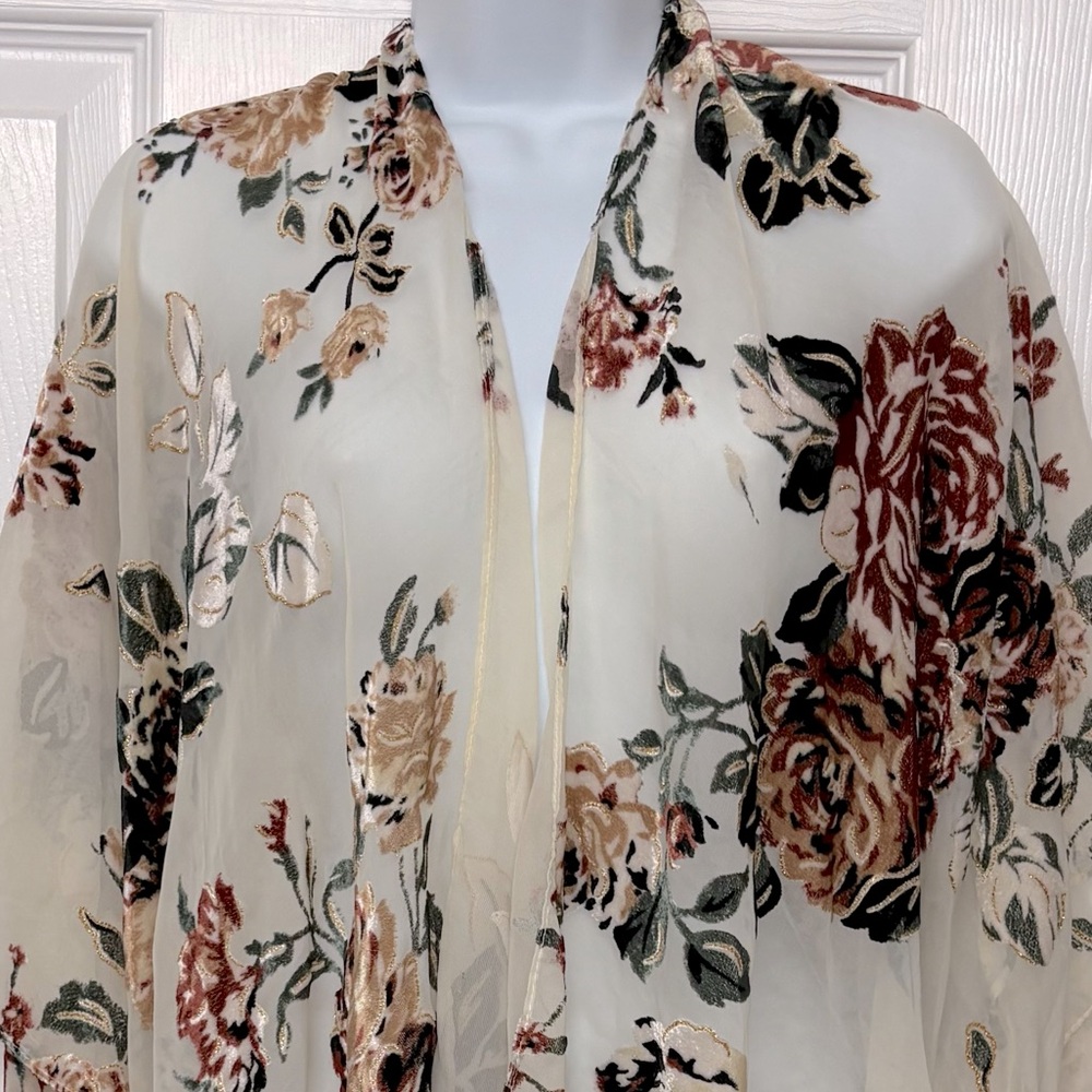 Woven Heart Velvet Floral Kimono Boho Top Open-front Cover Up Wrap OS - Picture 2 of 4